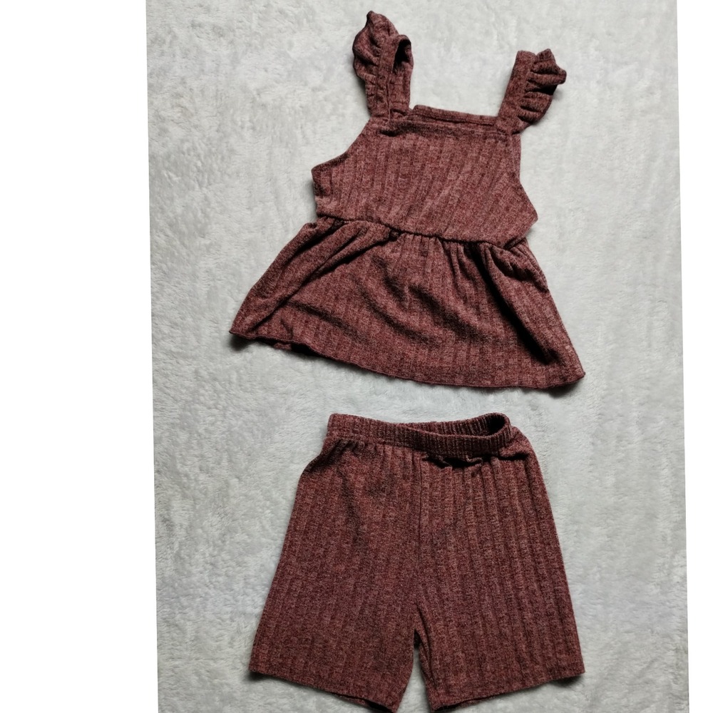 Ribbed Knit Outfit Set Ruffle Sleeve Top Shorts Loungewear‎ Casual